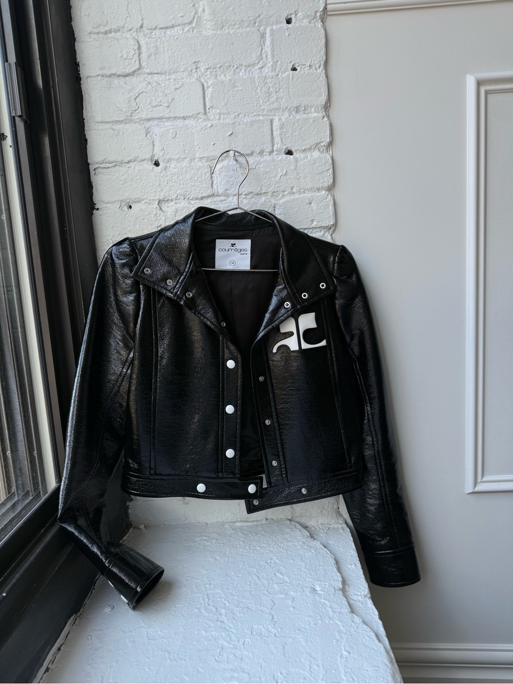 Women’s Black Faux Leather Moto Jacket with White Patch
